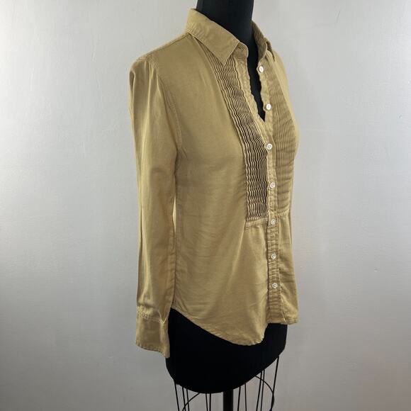 J Crew Tuxedo Plaid Front Pleated Button Down Shirt Blouse Mustard Brown 0 XS - Picture 4 of 9